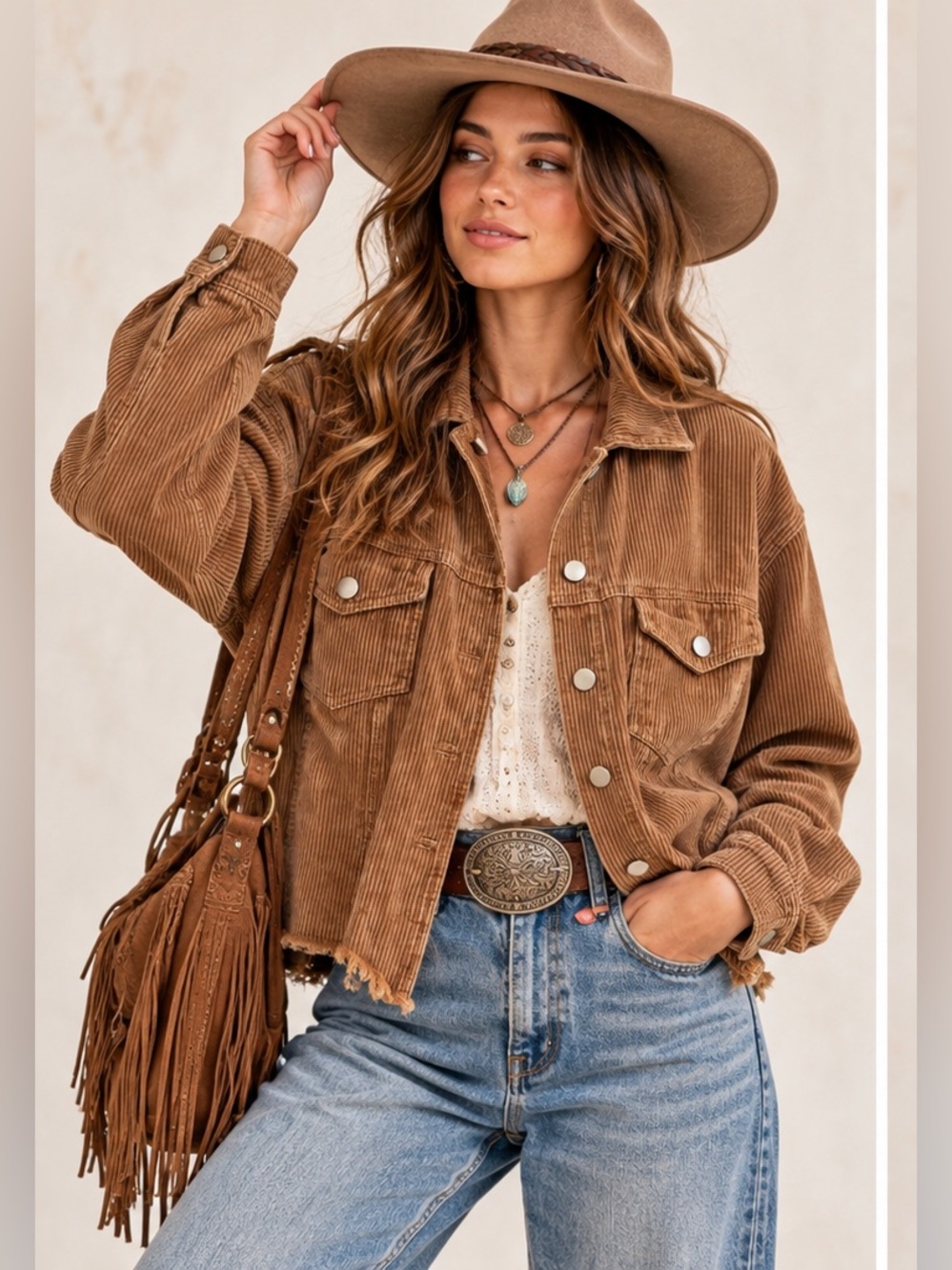 Altar'd State Camel Brown Corduroy Button-Front Cropped Western Boho Jacket XS